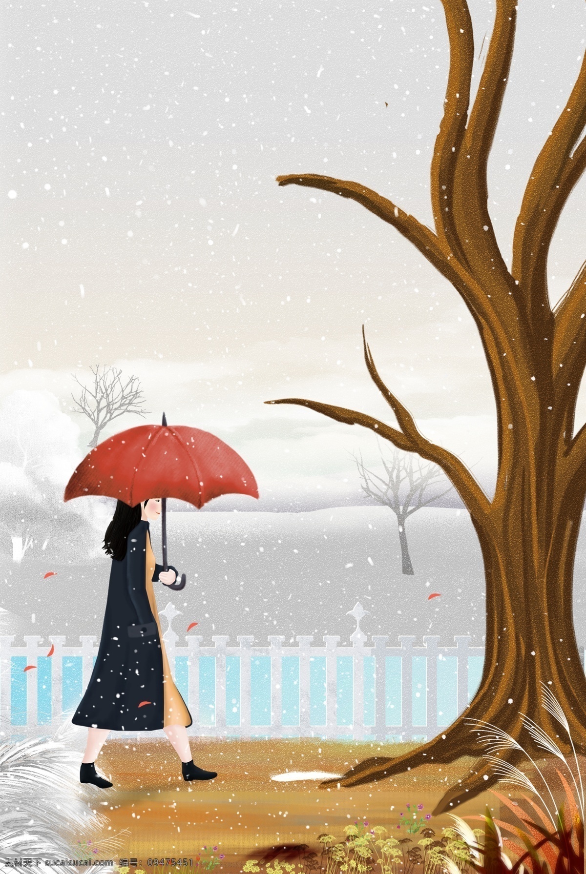 手绘 卡通 浪漫 大雪 背景 女孩 树枝 树木
