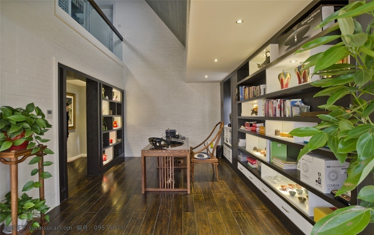 静谧 自然风 书房 木地板 室内 效果图 绿植 密度板 木制书桌 欧式书架 射灯 室内设计