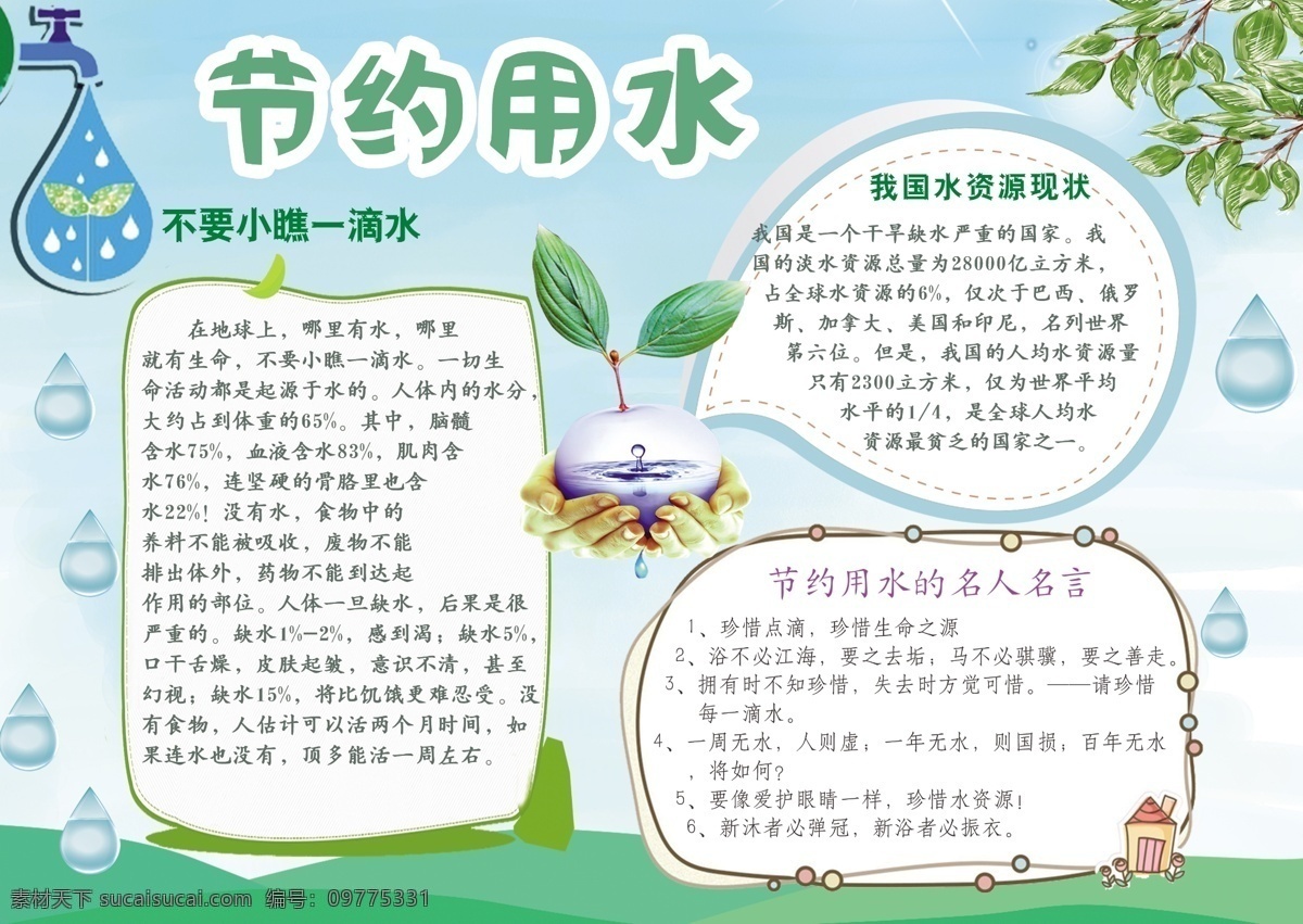 绿色 节约 用水 小报 淡绿色 卡通 节约用水 手抄报