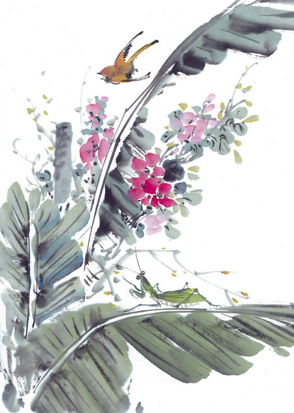 动物免费下载 动物 花丛 喜鹊 小鸟 油墨画 中华艺术绘画 文化艺术