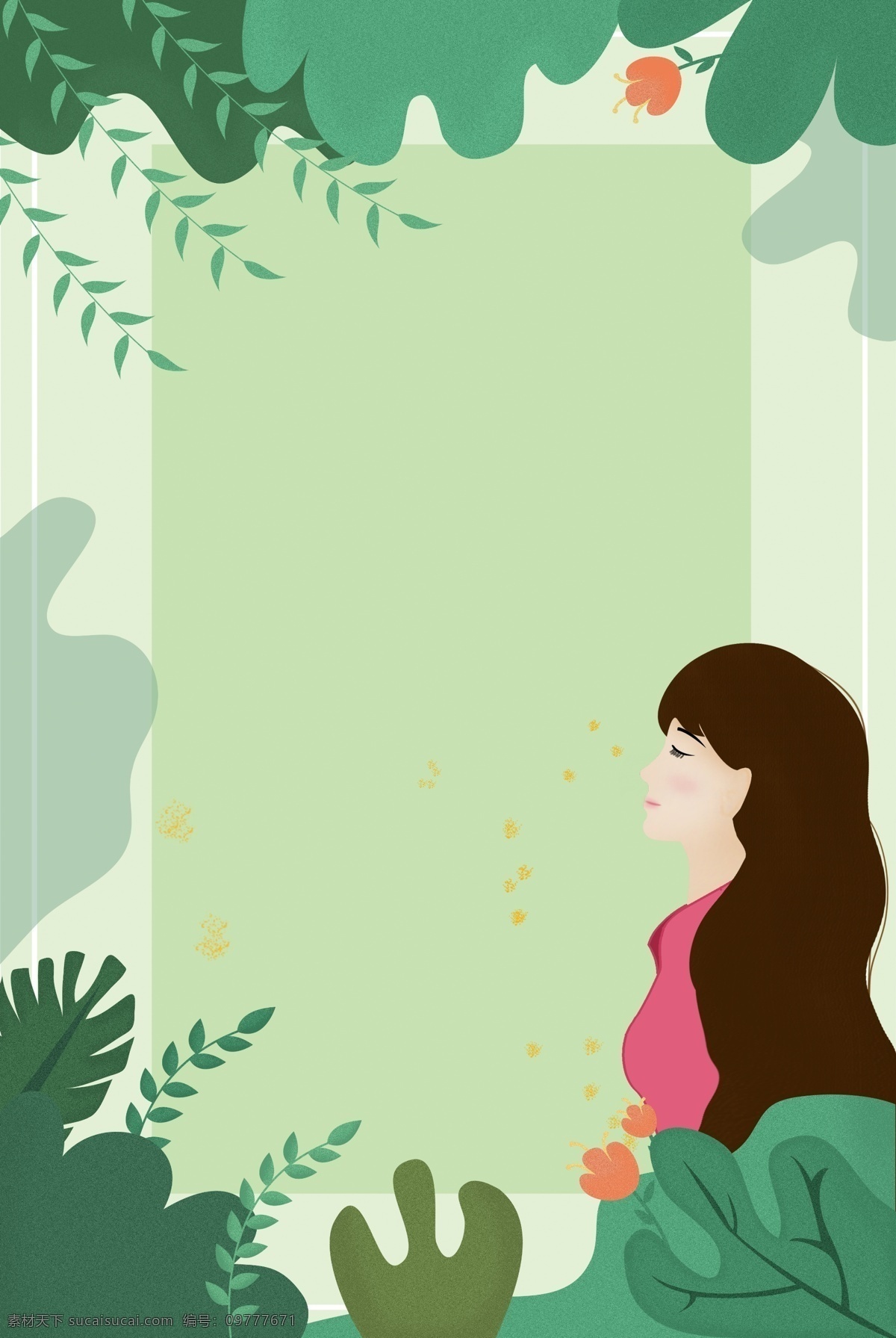 春夏 上 新 女装 海报 背景 夏日海报 绿色背景 植物自然 植物画 夏季促销 上新 女孩 插画