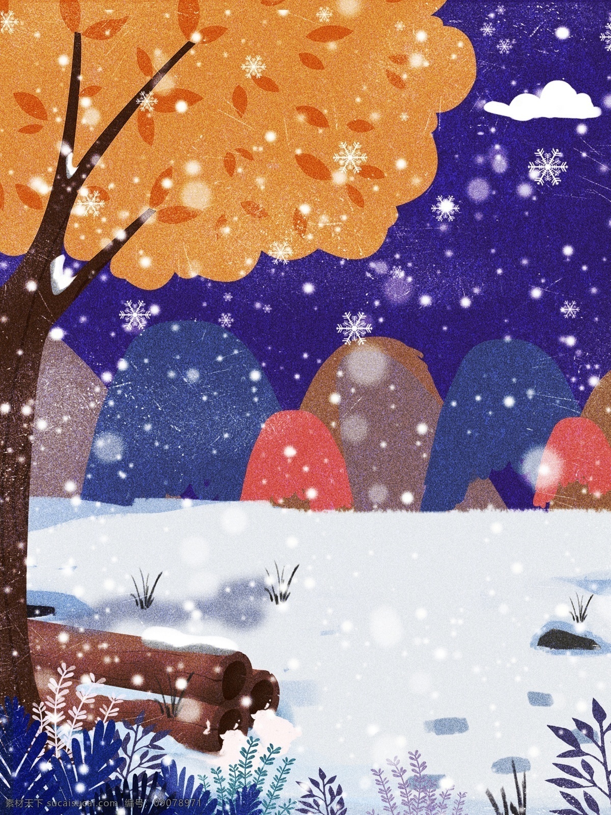 彩绘 冬季 雪地 背景 冬天 雪花 大树 背景图 冬天背景 背景设计 特邀背景 促销背景 背景展板图