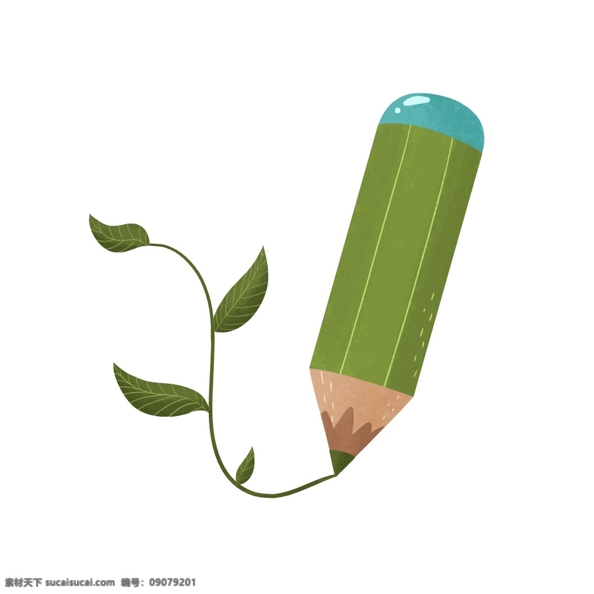 手绘 环保 铅笔 插画 手绘绿色铅笔 绿色植物枝条 创意环保插画 绿色环保插画 植物 绿叶环保插画
