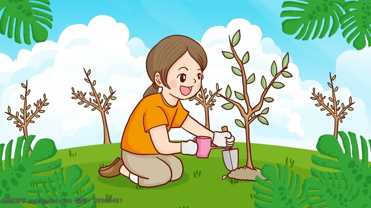 植树节 可爱 女孩子 种树 手绘 原创 插画 卡通 植树 绿色大自然 可爱女孩子 保护大自然
