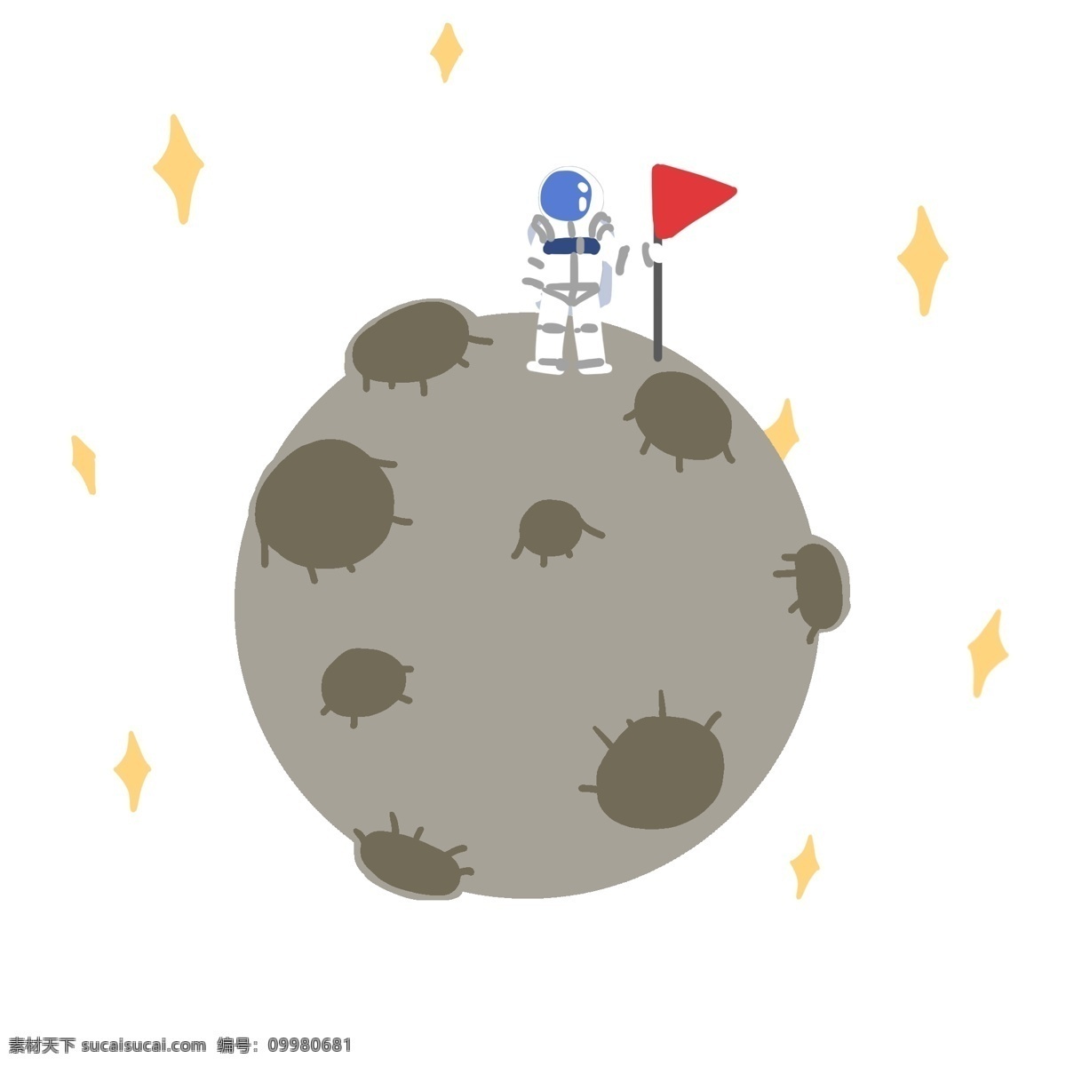航天 登月 月球 插画 登月的月球 卡通插画 航天插画 航天日 太空插画 天空 天上 空中 红色的旗帜