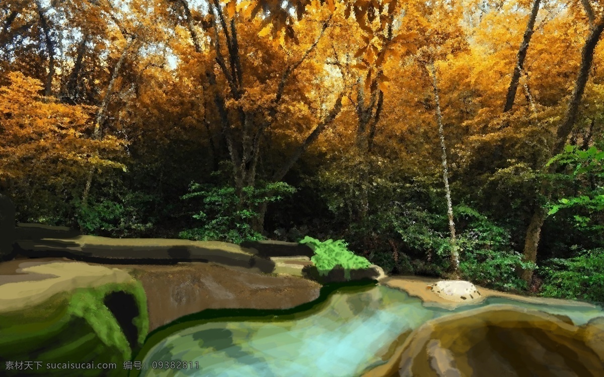 手绘 抽象 艺术 自然 森林 景观 背景 海报 树林 枫叶 枫树林 彩绘 小溪 水源 水边 景点