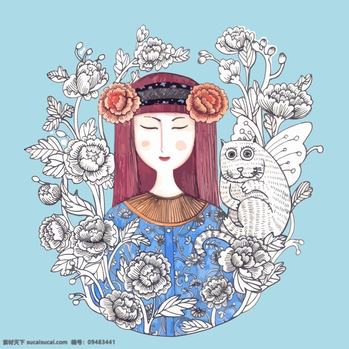 卡通女神 带花的女孩 线描女神 白色