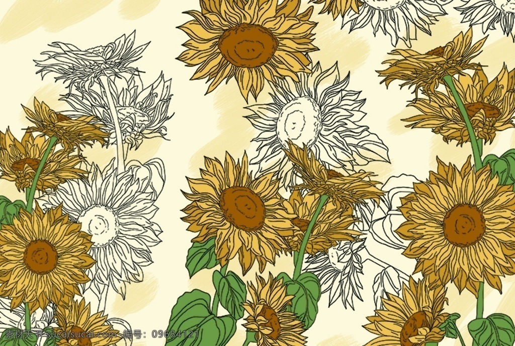 手绘 向日葵 背景 花卉 素材图片 线稿 底纹 分层