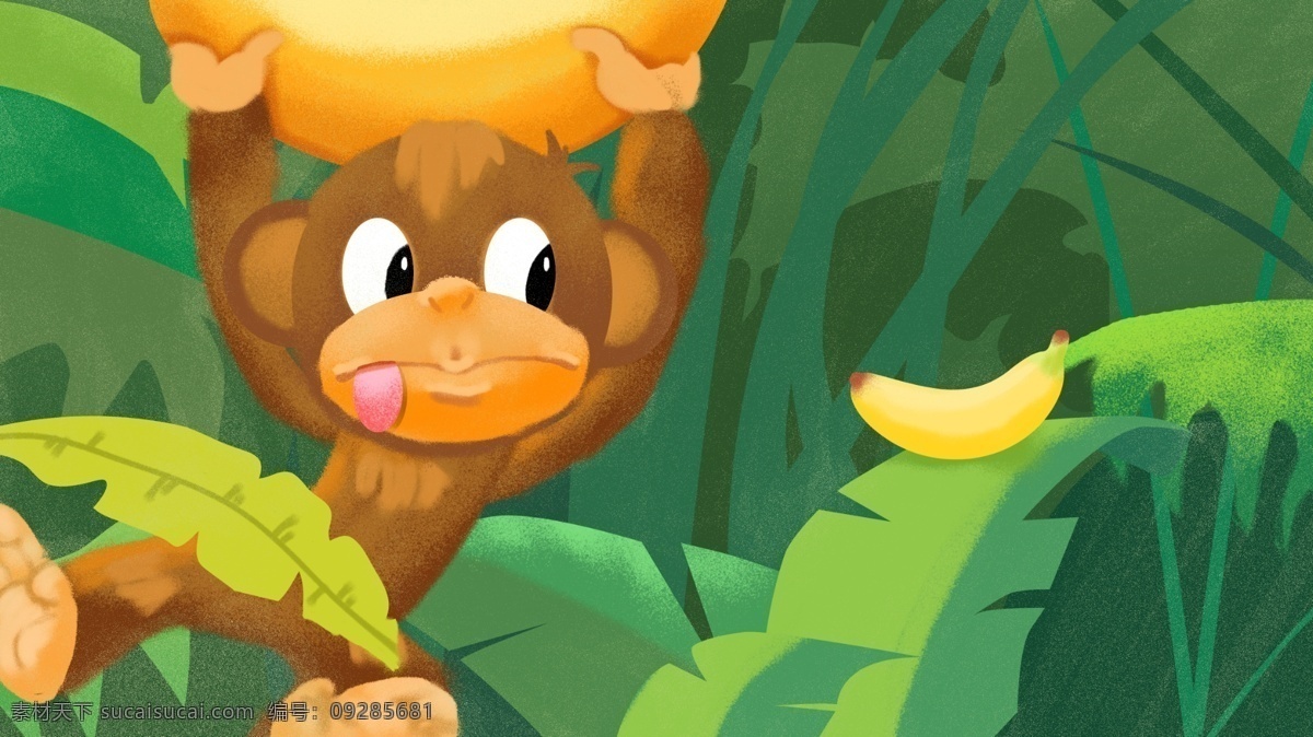 森林 中 萌 系 可爱 猴子 吃 香蕉 夏日 树叶 萌系 治愈 童趣 荡秋千