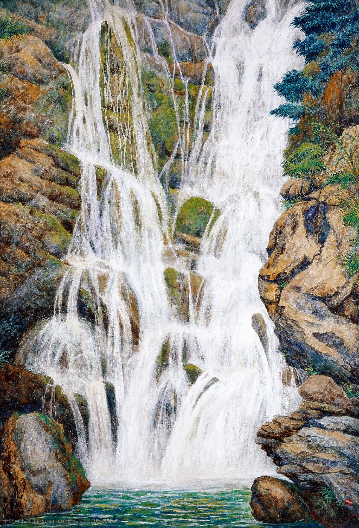 风景画 绘画书法 美术 瀑布 山崖 文化艺术 油画 飞瀑 设计素材 模板下载 山崖飞瀑 山野 水潭 草木 油画艺术 油画作品44 家居装饰素材 山水风景画