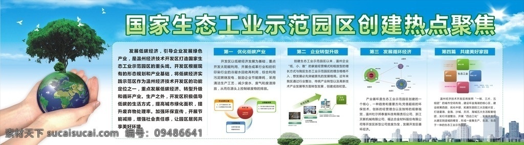 生态 环保 宣传栏 开发区 创意 地球 手 蓝色 蓝天 白云 草地 低碳 转行 共建 美好 家园 展板