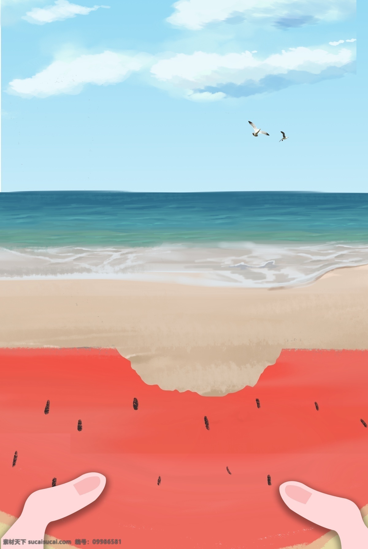 夏日 海边 度假 西瓜 海报 夏天 蓝天 海鸥 休闲