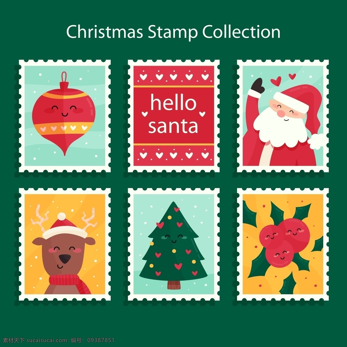 精美 邮票 样式 圣诞 标签 圣诞树 圣诞老人 圣诞节 矢量素材 驯鹿 英文
