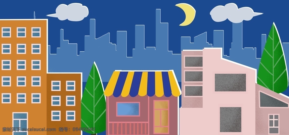 手绘 夜空 下 城市 建筑 背景 云朵 月亮 城市背景 背景素材 建筑物