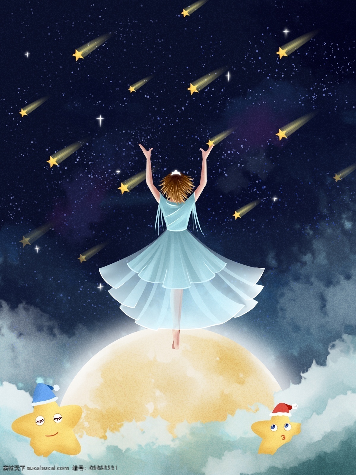 小 清新 梦幻 星空 月 仙子 下流 星雨 小清新 星星 插画 月亮 流星雨 女孩 仙女 少女 云彩 夜空 神秘 幻想