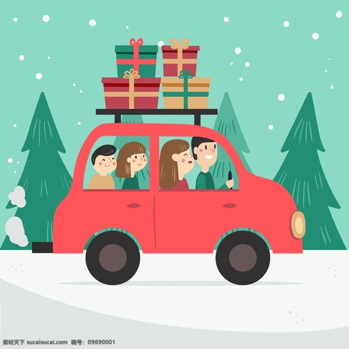 家庭 圣诞 旅游 人物 背景 绿色 红色 卡通人物 车 礼物 森林 矢量人物背景