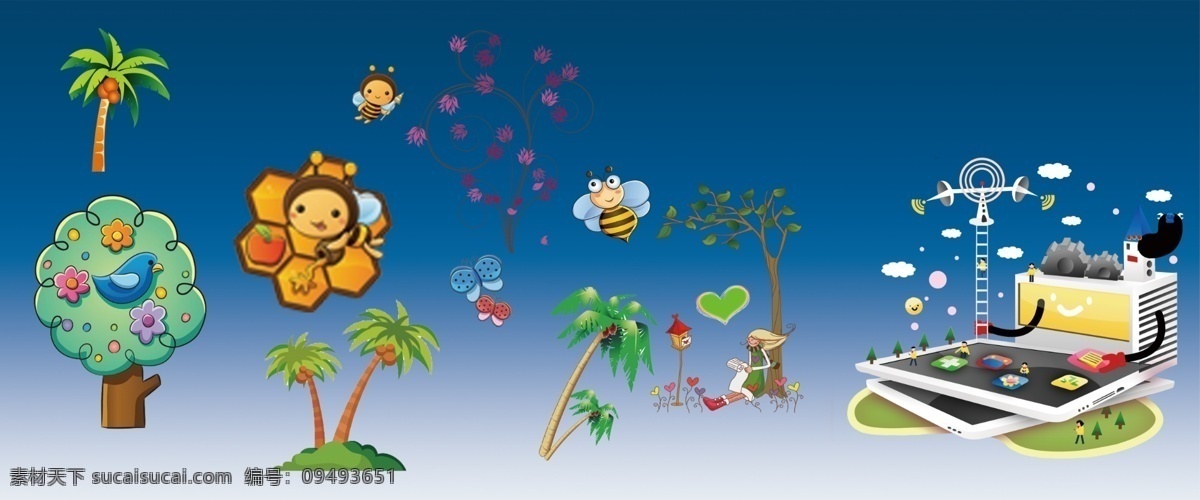 幼儿园 墙面 设计素材 卡通树 蜜蜂 电脑 卫星 发射塔 蓝色