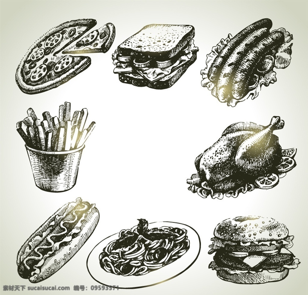 矢量 线 稿 快餐 食物 矢量食物 矢量素材 线稿食物 快餐食物 烤鸭 汉堡包 火腿 薯条 手绘食物 餐饮 美食 黑白食物 速写食物 生活百科 餐饮美食