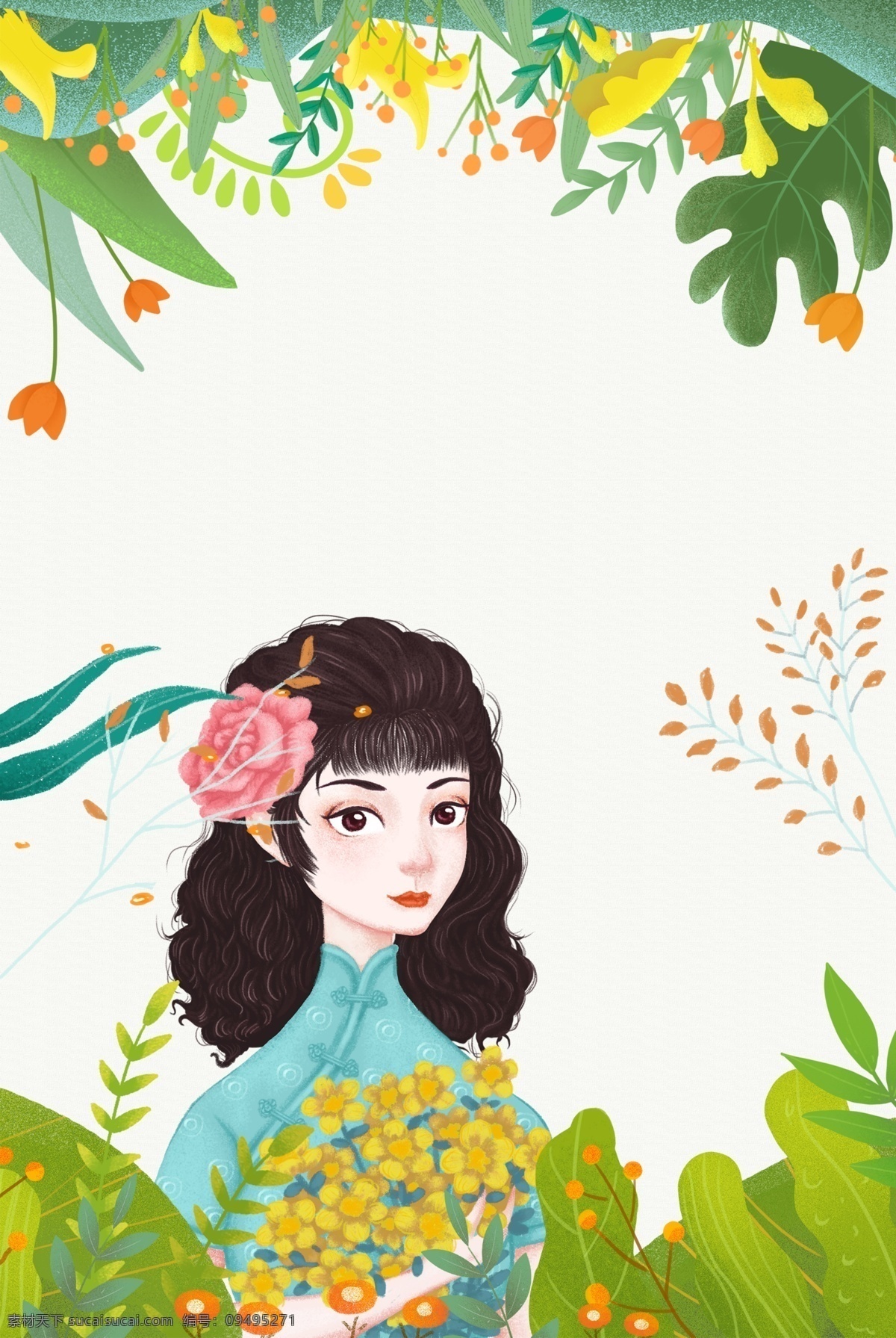 绿色 手绘 植物 女孩 你好 三月 海报 春天 三月你好 相约三月 38 妇女节 水彩 女神节 38妇女节 叶子 春季