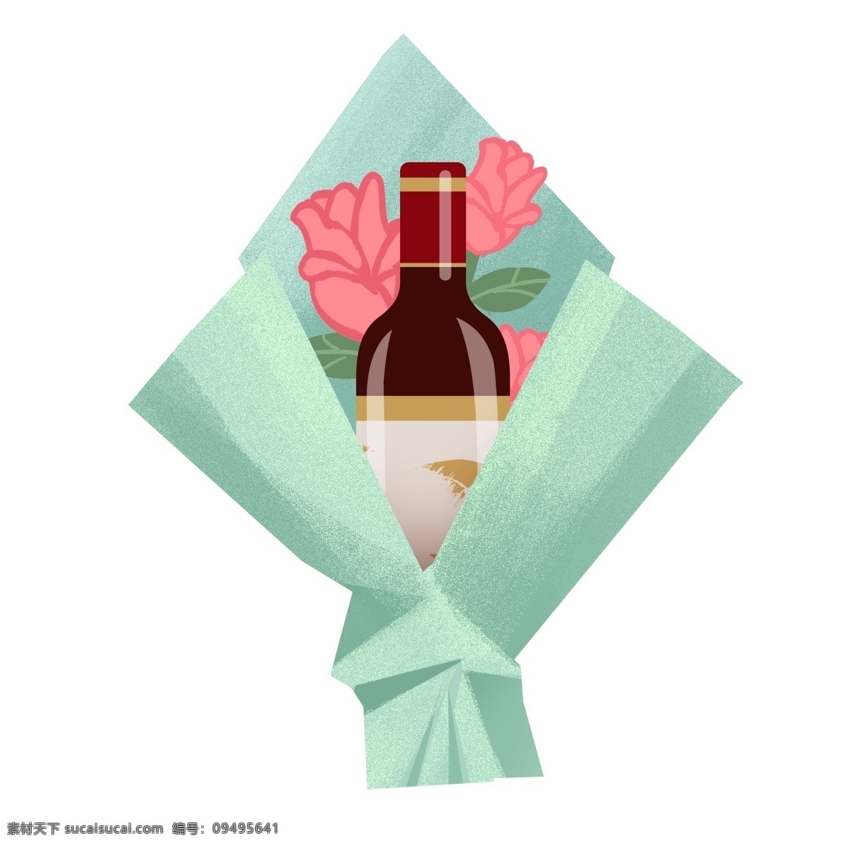 组 简约 风 红酒 玫瑰 葡萄酒 蓝玫瑰 花束 缎带 扁平 装饰图案