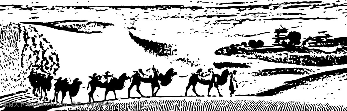 月牙泉 沙漠 风景 骆驼 人 黑白图 矢量图 自然景观 自然风光