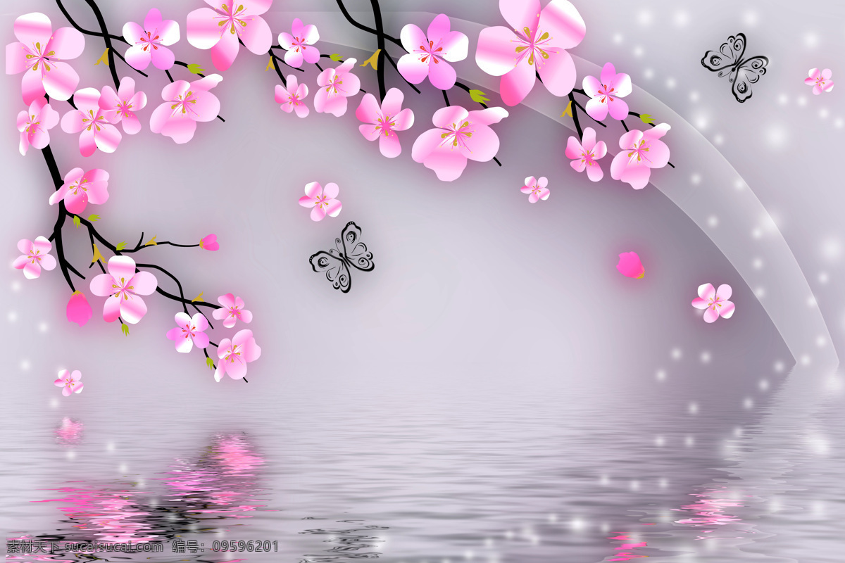 桃花 蝴蝶 装饰画 花朵 水纹 水波 装饰图