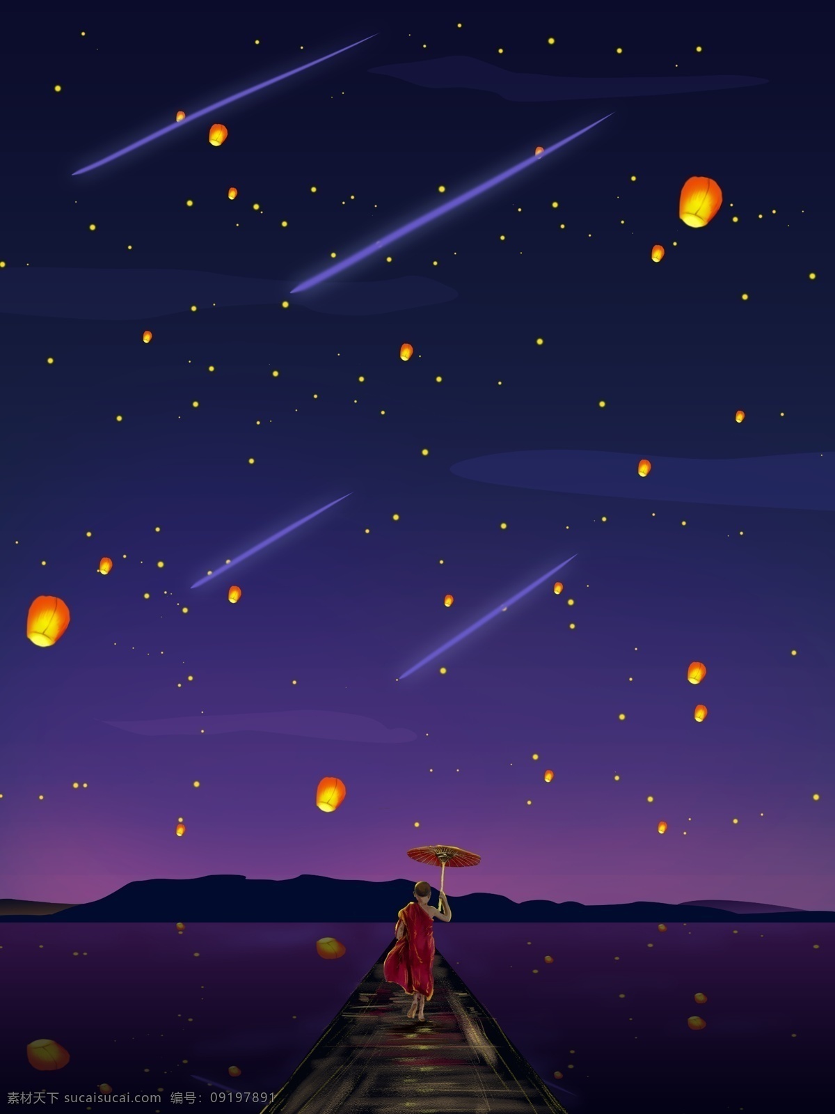 夜晚 星空 治愈 系 插画 小 和尚 观 灯 唯美 风 夜晚星空 壁纸 原创设计 孔明灯 流星 治愈系插画 小和尚观灯 唯美风 商用插画 原创插画 背景用图