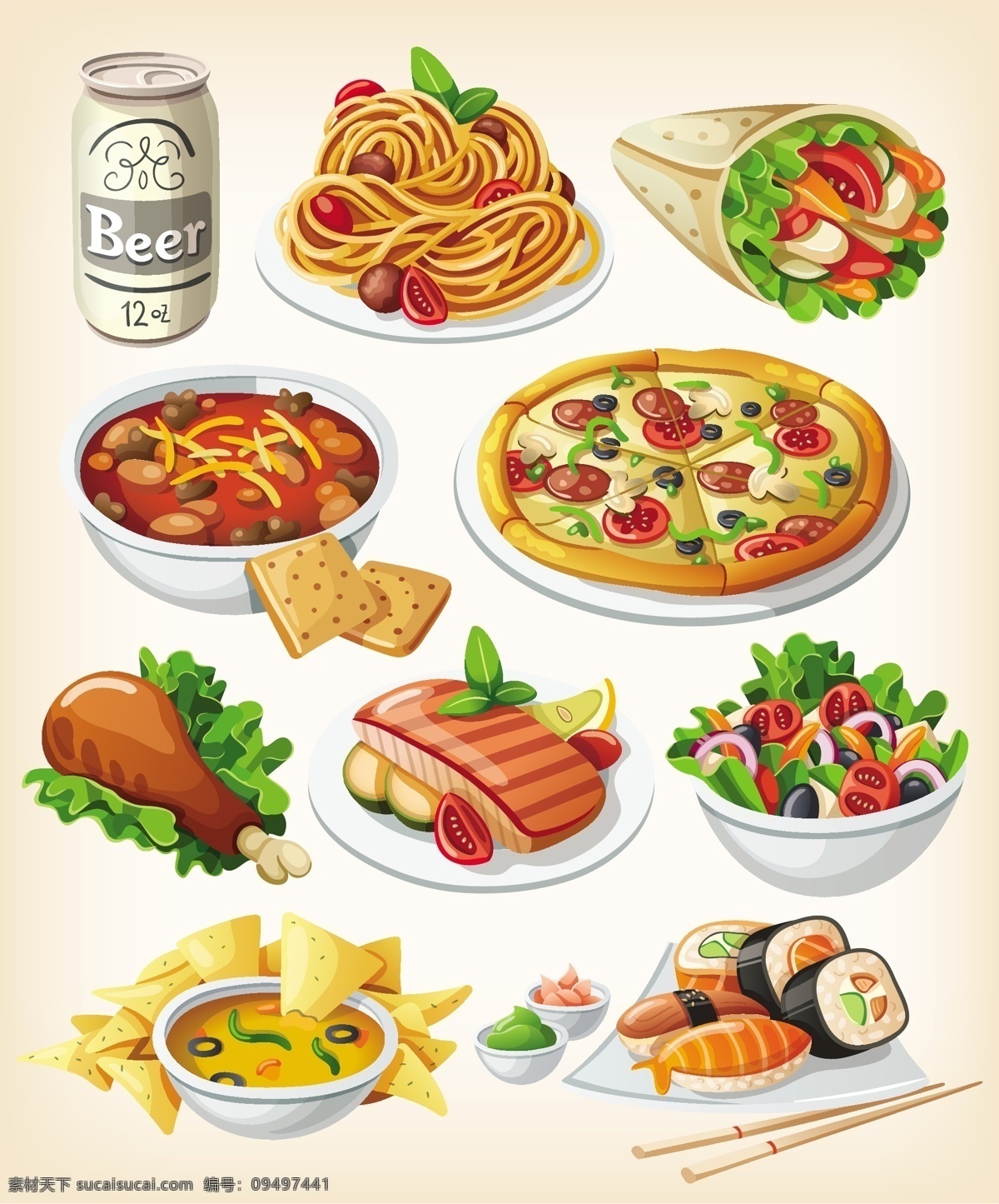 矢量国外美食 国外美食 意大利面 披萨 日本寿司 蔬菜沙拉 矢量美食 美味 食物 食品 餐饮美食 生活百科 矢量素材 白色