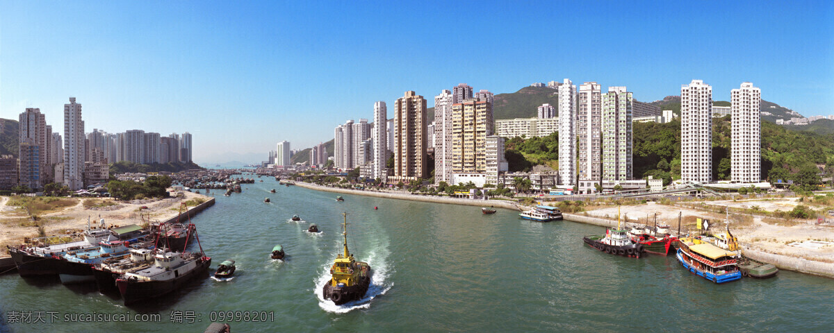 现代 城市 风景 宽幅风景图 美境 宽阔 运河 轮船 高楼大厦 现代城市 山水风景 风景图片