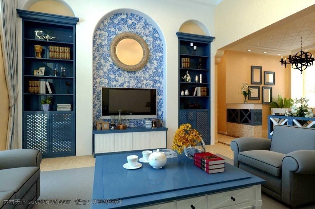地中海 现代 混 搭客 餐厅 效果图 蓝色 浪漫 大气 客厅 温馨 舒适 轻奢 混搭 家装