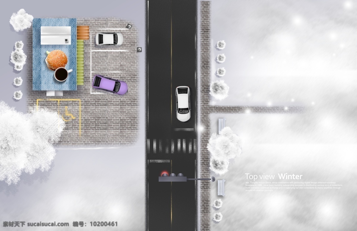 分层 残疾人 道路 冬季 冬天 饭店 房顶 汉堡包 道路交通 平面图 交通 停车场 下雪 积雪 轿车 汽车 俯拍 松树 树木 屋顶 专用车位 源文件 淘宝素材 淘宝冬季促销