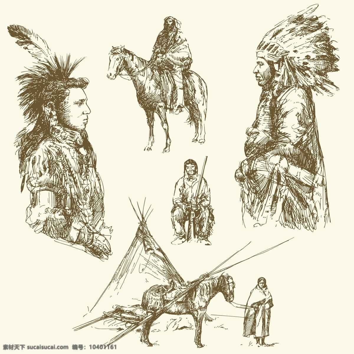 印第安人插画 印第安人素描 人物速写 人物插画 土著人 印花图案 底纹边框 矢量素材 白色