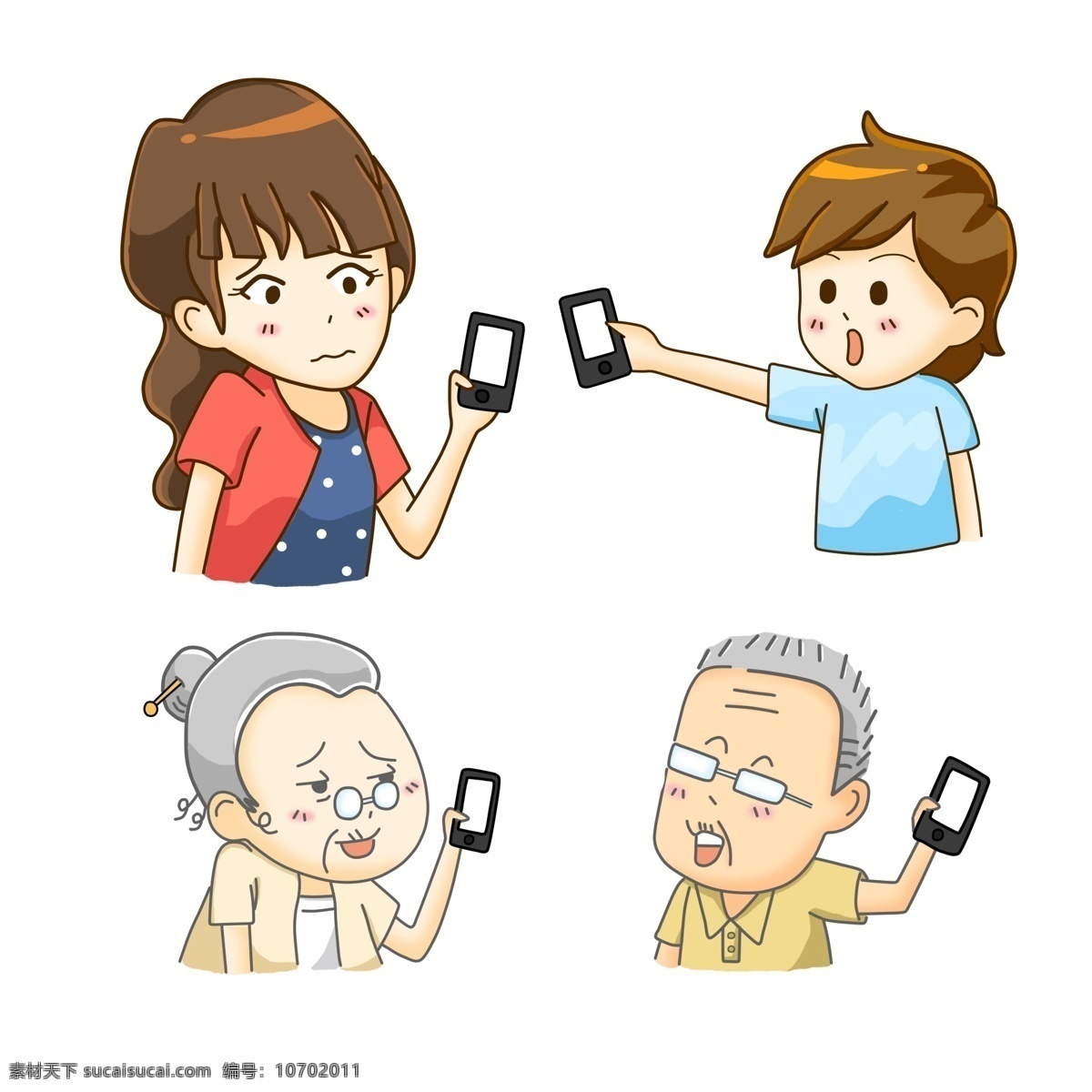 手机卡通人物 手机 卡通人物 手绘 家庭 分层 源文件