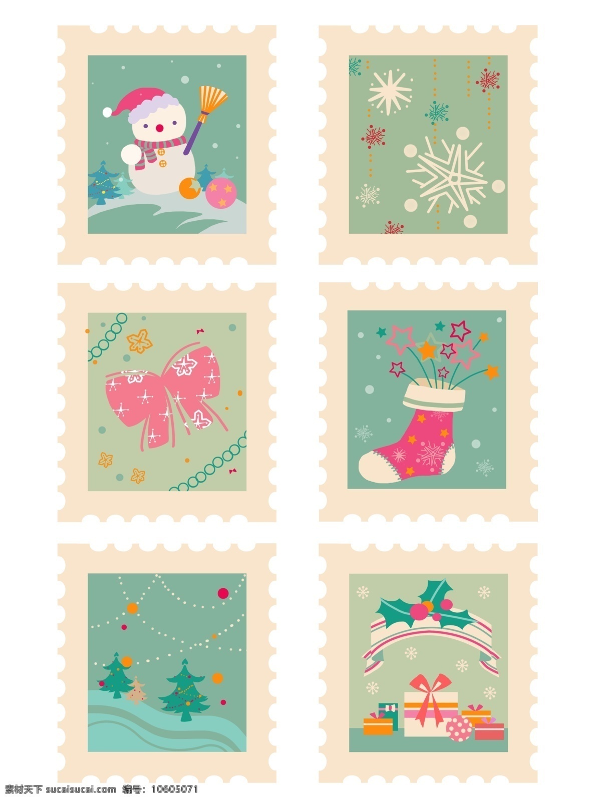 邮票 贴纸 圣诞 冬天 雪人 礼物 雪花 星星 套 图 套图