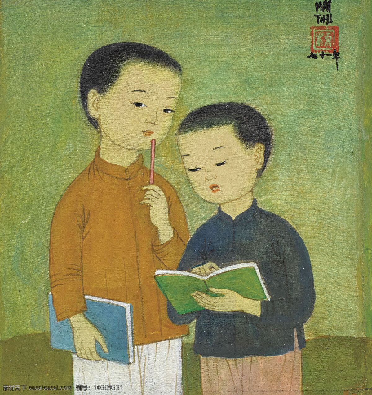 读书 梅忠恕作品 两个少年 朗读 持笔 若有所思 中国古代画 中国古画 文化艺术 绘画书法