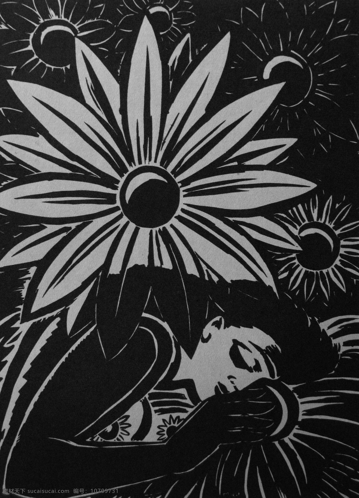 梦 木刻版画 法朗 士 麦绥莱勒 1951年 鲜花 花瓣 睡美人 沉睡 花丛 植物 比利时 艺术家 版画家 艺术 绘画 雕版 印刷 木刻 版画 作品 绘画书法 文化艺术