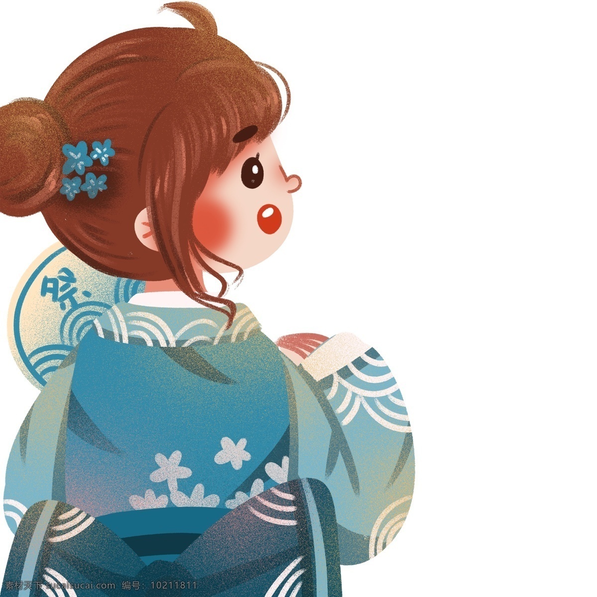 清新 可爱 穿着 和服 女孩子 卡通 女孩 日本 蓝色 插画 人物