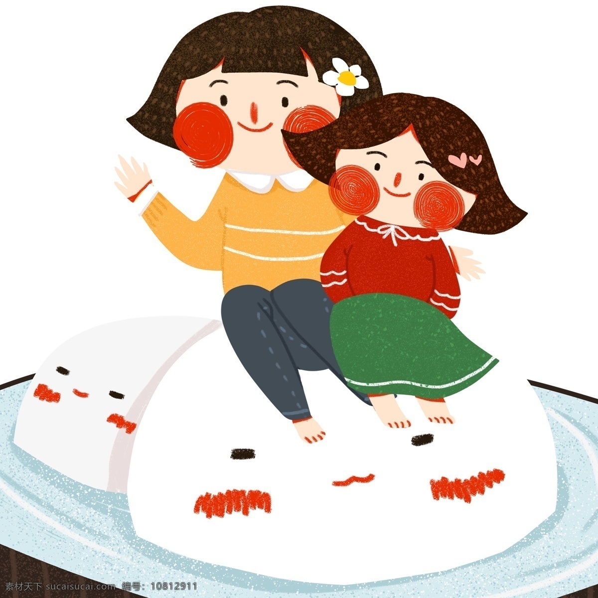 冬至 坐在 汤圆 上 小 姐妹 创意设计 卡通 可爱 创意 小女孩 插画 姐妹俩 二十四节气 24节气