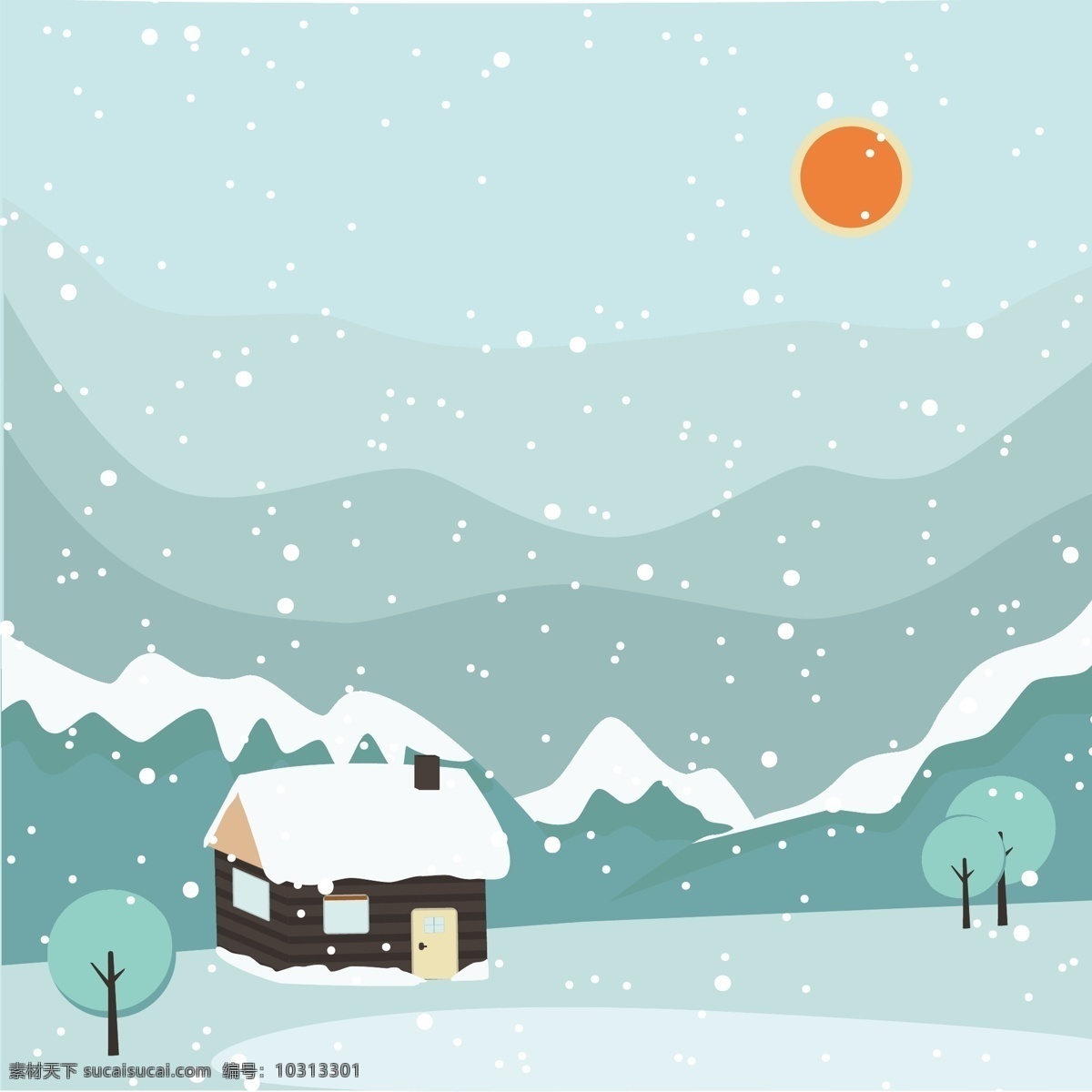 冬日 雪景 卡通 手绘 插画 矢量 冬季 清新 节气 山脉 插图 元素