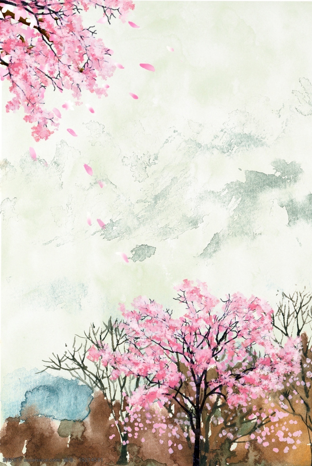 简约 中式 桃花 林 唯美 背景 桃花林 手绘 小清新 粉色 桃花节 春天 商业 花瓣