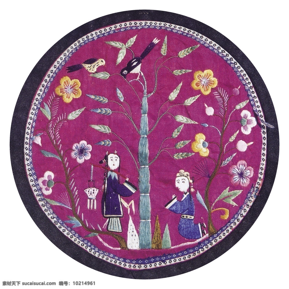 中式 古典 刺绣 树下 璧 人 图 大树 花朵 布纹