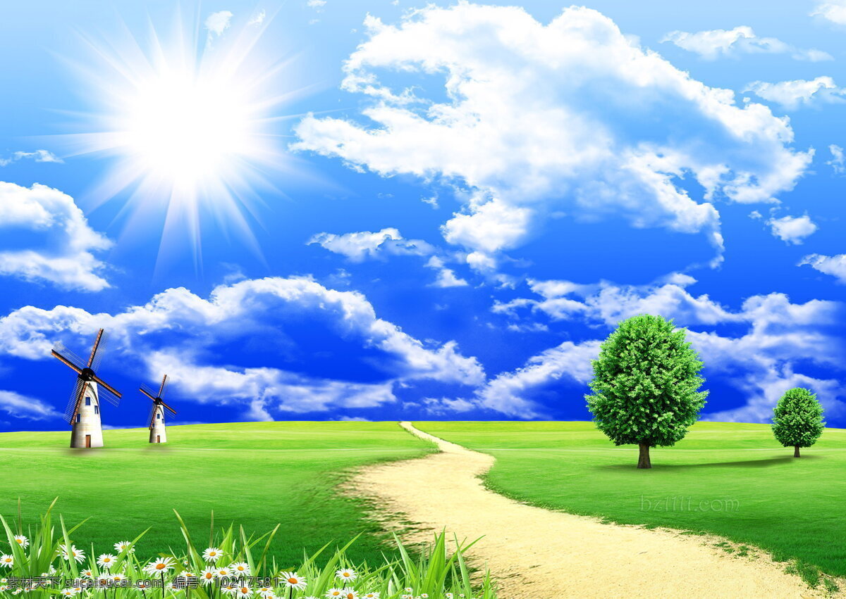 阳光明媚 阳光 太阳 天空 蓝天 白云 云朵 草地 青草 小草 草坪 树木 绿树 小路 底纹边框 背景底纹