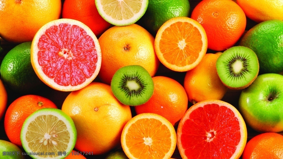各种 切开 水果 美食 横截面 橙子 猕猴桃 葡萄柚 柠檬 苹果 西柚 橙色 黄色 绿色 红色 夏天 秋天 餐饮美食 食物原料