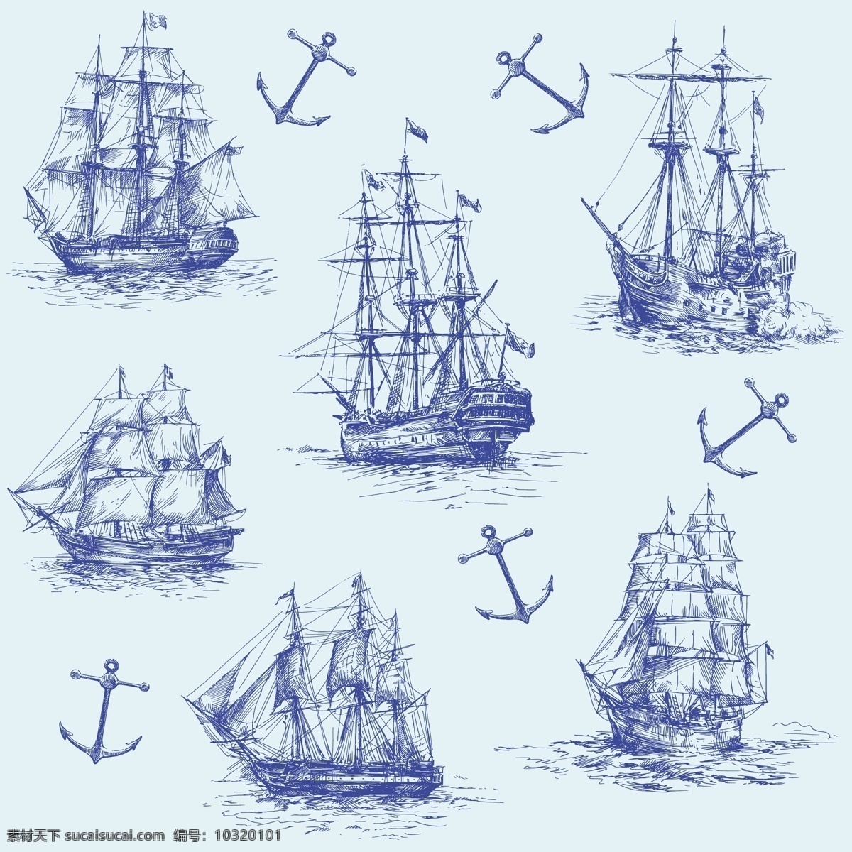 帆船 货船 轮船 轮廓 剪影 手绘 交通工具 现代科技 矢量