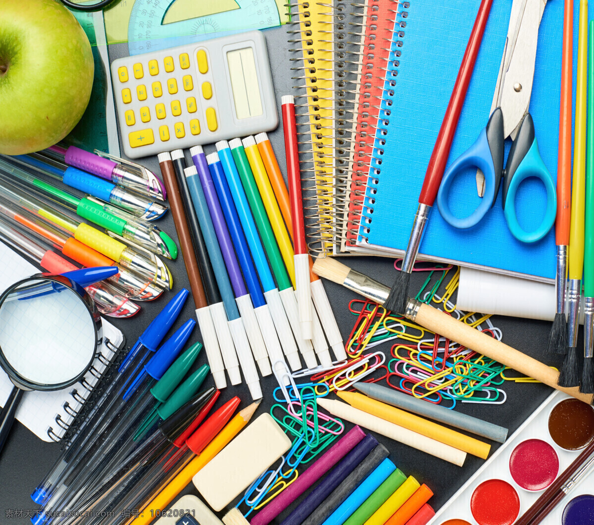 各种 画笔 学习用品 学习用具 圆珠笔 颜料 剪刀 书本 计算器 苹果 办公学习 生活百科