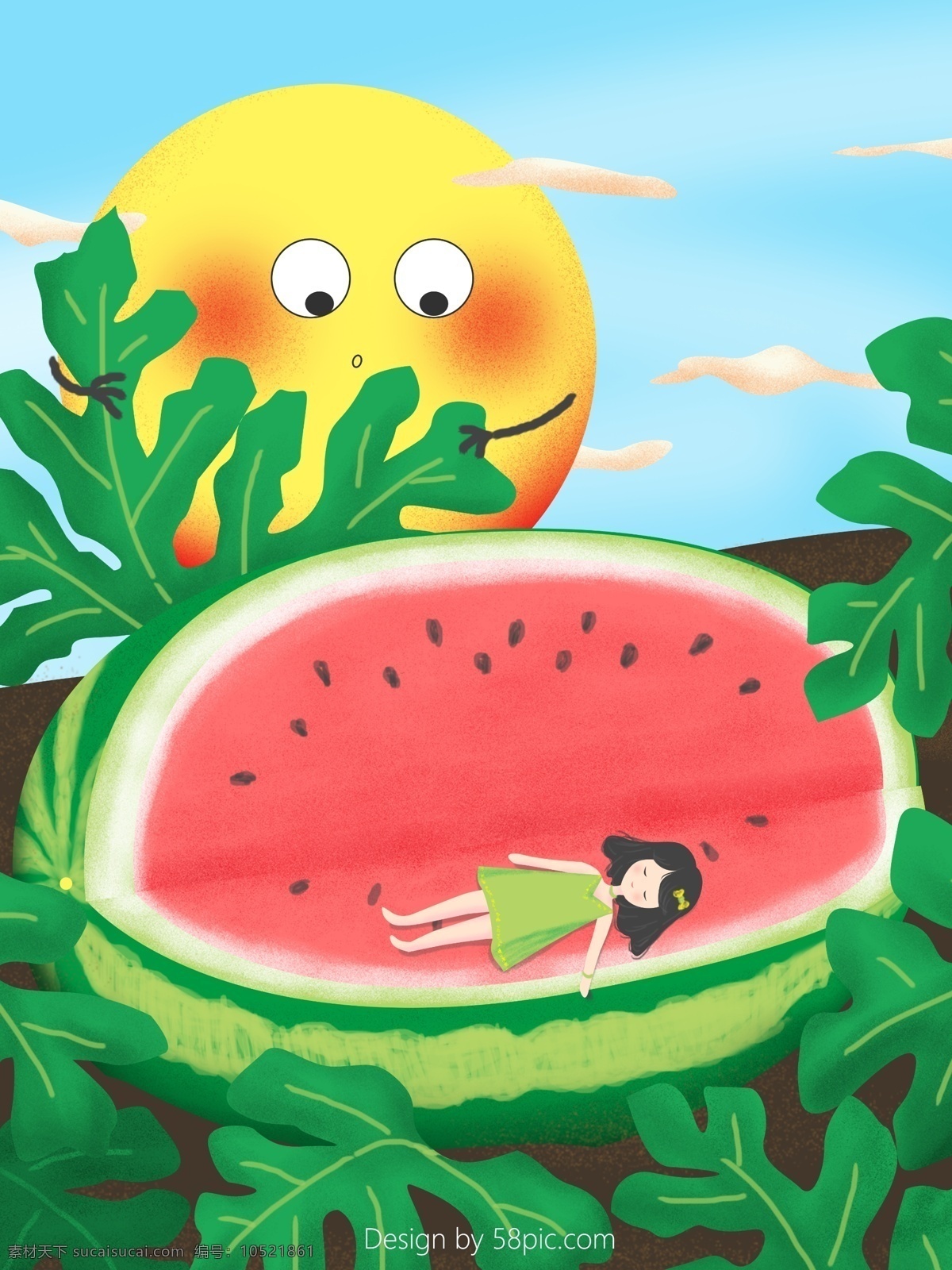 夏日 清新 小女孩 甜 睡 西瓜 插画 太阳 可爱 卡通