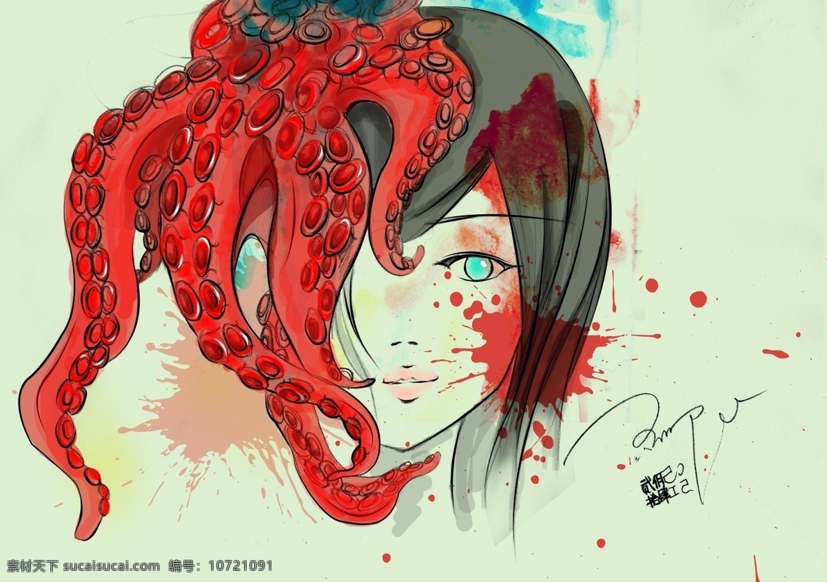 原创 分层 手绘 插画 美女 墨迹 人物 线条 源文件 章鱼 插画集