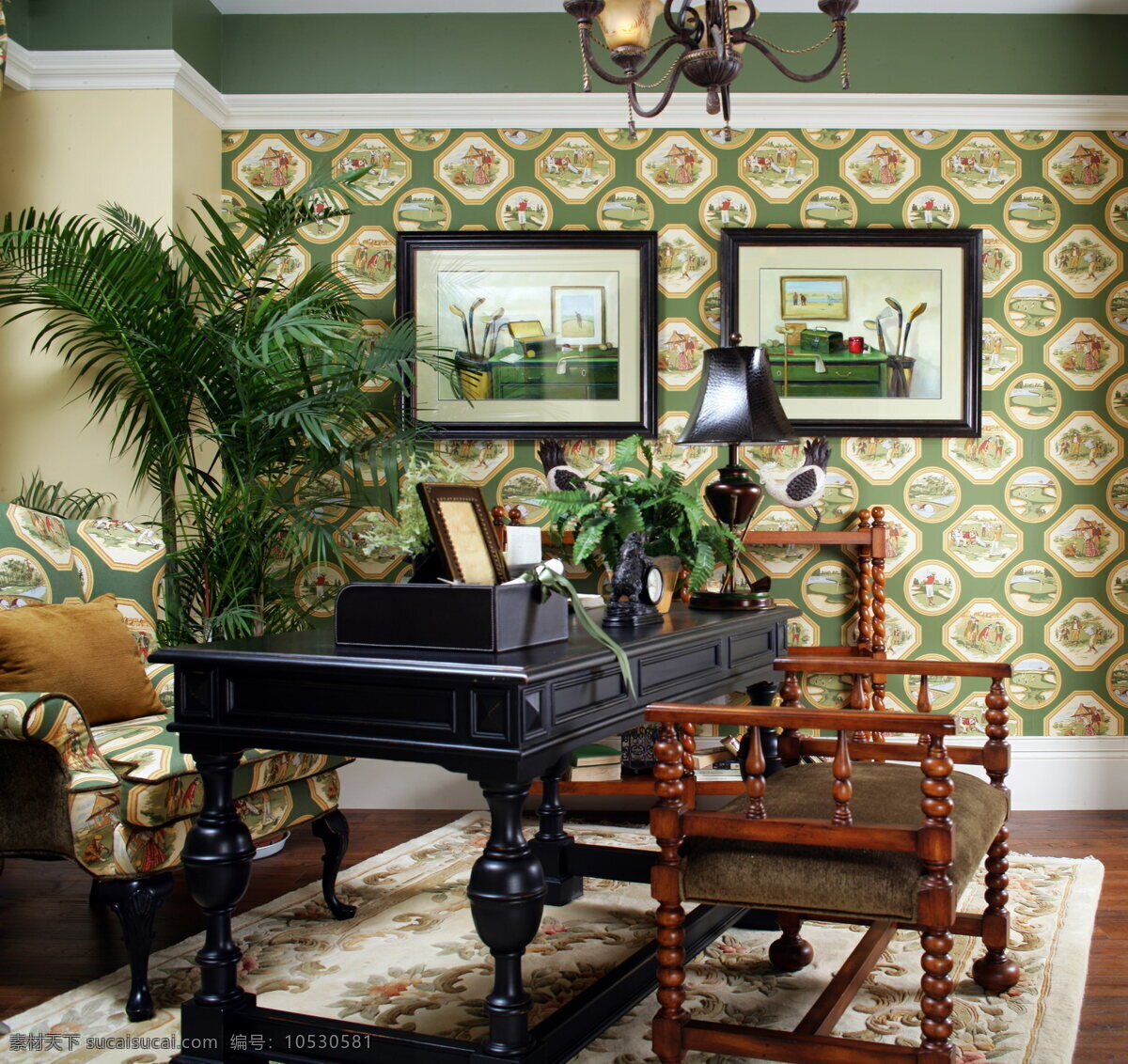 风格 优雅 书房 装修 效果图 白色沙发 茶具 复古台灯 挂画 镂空屏风 绿植 鲜花花卉