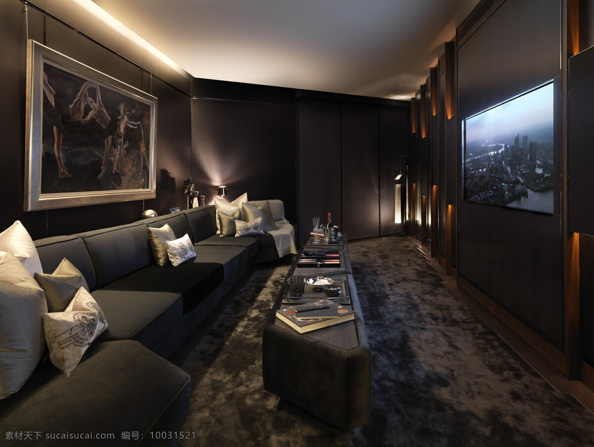现代 暗黑 系 客厅 深色 家具 室内装修 效果图 深色地板 方形茶几 浅色背景墙 木制 电视 背景 墙 深色沙发