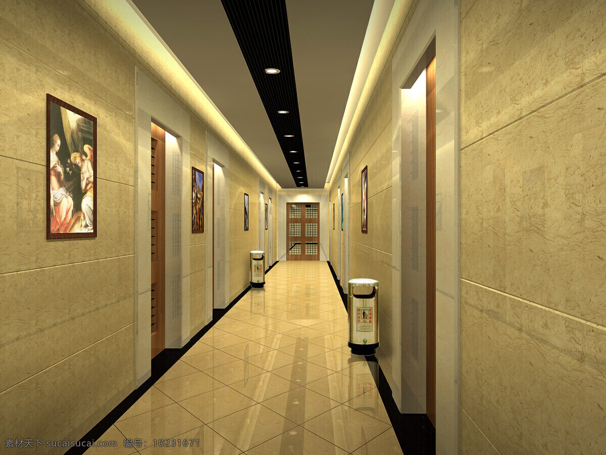 大洪山酒店 宾馆楼走廊 壁画 垃圾桶 3d设计 3d作品 设计图库